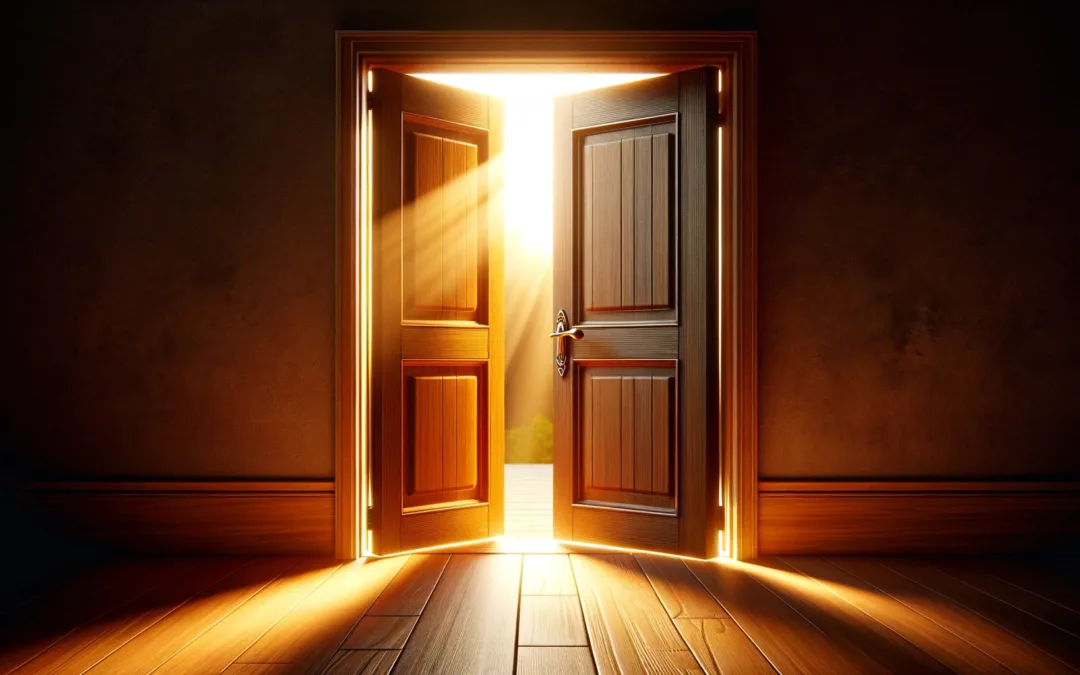 Open wooden door emitting a golden glow
