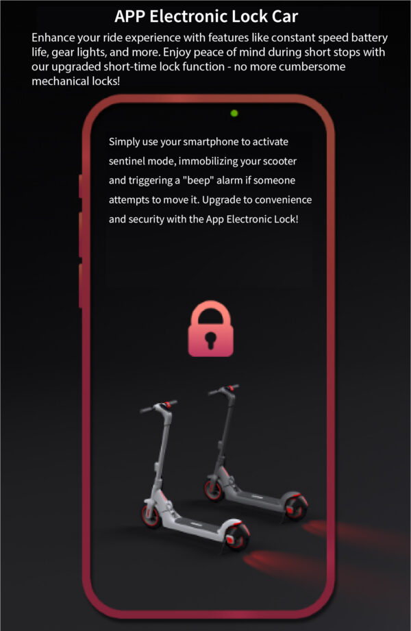 Promotional graphic of an app-based electronic lock feature on an electric scooter, displayed within a smartphone interface.