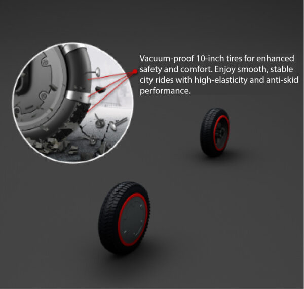 Close-up of the vacuum-proof 10-inch tires on an electric scooter, highlighting their anti-skid and high-elasticity features for improved safety and comfort.