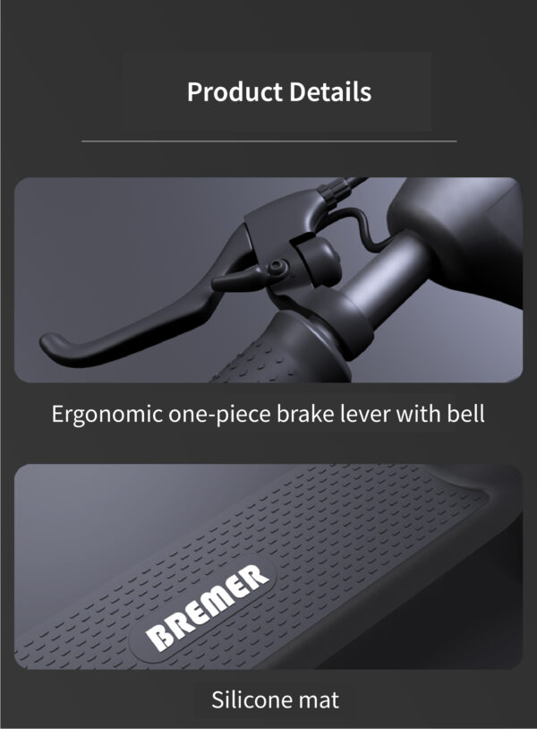 Close-up details of Bremer R-Series electric scooter featuring an ergonomic one-piece brake lever with bell and a branded silicone mat.