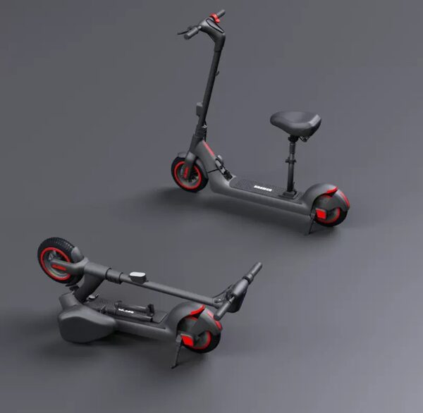 Three configurations of the Bremer R-Series electric scooter in dark gray, showcasing standing, folded, and seated options.