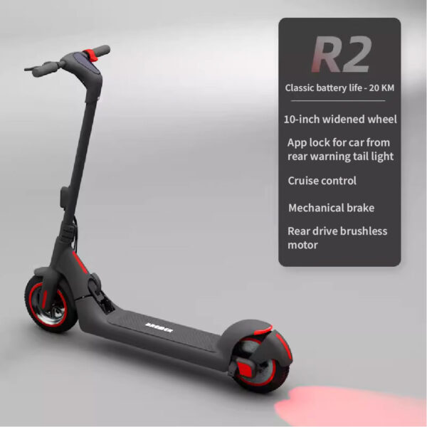 Bremer R2 electric scooter in dark gray showcasing features like 20 KM battery life, 10-inch wheel, app lock, cruise control, and mechanical brake.