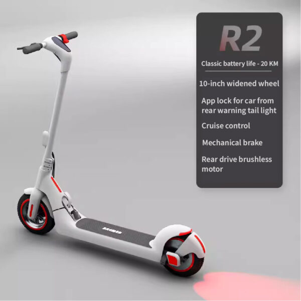 Bremer R2 electric scooter with detailed features including 20 KM battery life, 10-inch widened wheel, app lock, cruise control, and brushless motor.