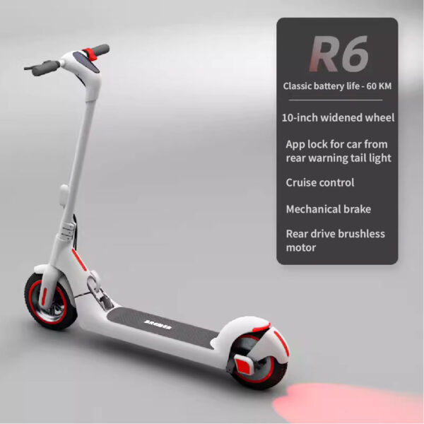 Bremer R6 electric scooter displayed with features: 60 KM battery life, 10-inch wheel, app lock, cruise control, and brushless motor.