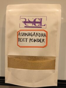 A package of Ashwagandha root powder from Rumali Supreme Company LTD, with the product visible through a transparent window.