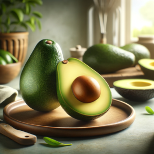 Whole and sliced Fuerte avocado on a kitchen counter