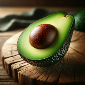 Half-cut Hass avocado on a rustic wooden surface