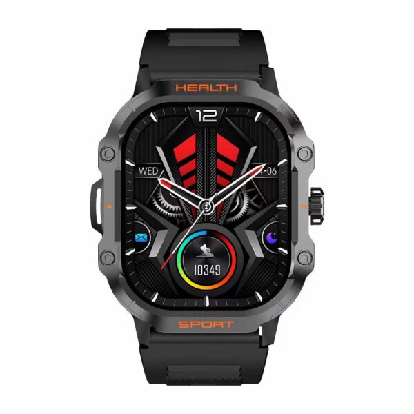 Sleek black Outdoor Sports Smartwatch showcasing a vibrant interface with red accents, highlighting its sophisticated design and multi-feature display.