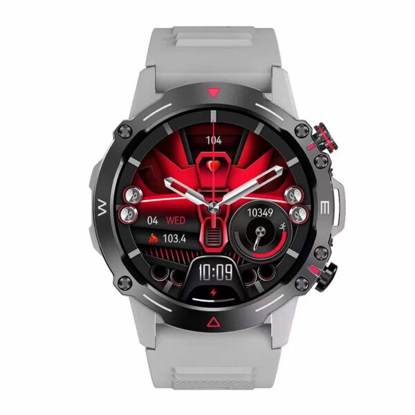 Elegant silver Outdoor Sports Smartwatch with red dial detailing, representing a fusion of sporty functionality and modern design.