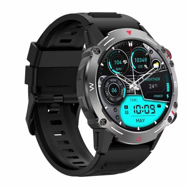 Dynamic black and turquoise Outdoor Sports Smartwatch displaying weather and fitness tracking, suitable for the active lifestyle.