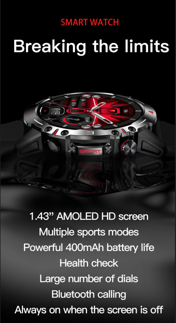 Dramatic close-up of a black and red smartwatch showcasing its 1.43” AMOLED HD screen and feature highlights like Bluetooth calling and sports modes.