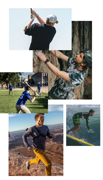 Collage of active individuals in various sports like golfing, running, and climbing, all wearing smartwatches, highlighting the device's versatility.