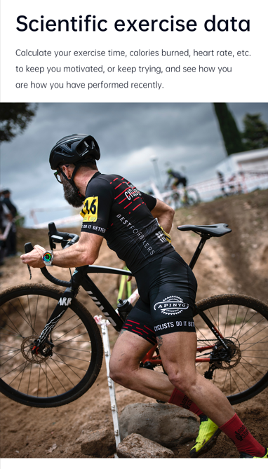 A cyclist in racing gear checks his smartwatch mid-ride, highlighting the device's scientific exercise data tracking capabilities.
