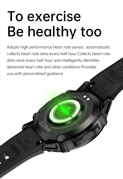 Close-up of the smartwatch on a wrist, showing the heart rate sensor glowing green, emphasizing health monitoring during exercise.