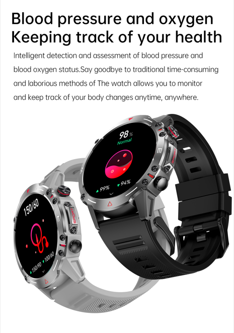 A smartwatch on display showcasing its blood pressure and oxygen monitoring features and advocating for health management.