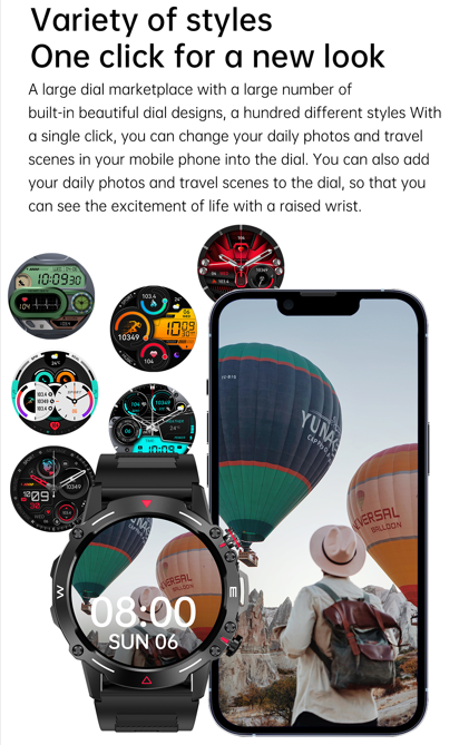 The smartwatch interface shows a variety of dial styles, indicating customization options for different personal styles.