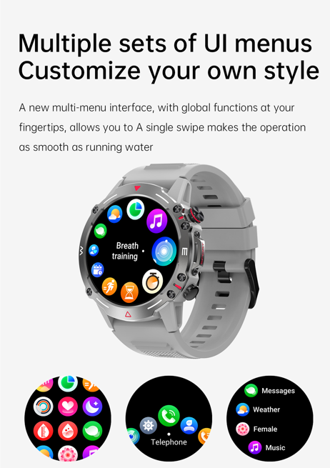 A smartwatch displays multiple UI menus, illustrating the ease of personalizing and navigating through various functions.