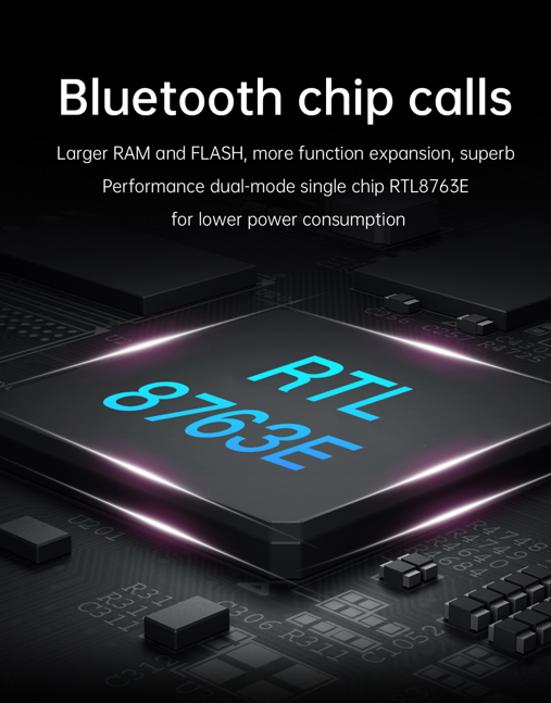 A close-up of a Bluetooth chip highlighted, underscoring the enhanced call functionality and low power consumption of the smartwatch.