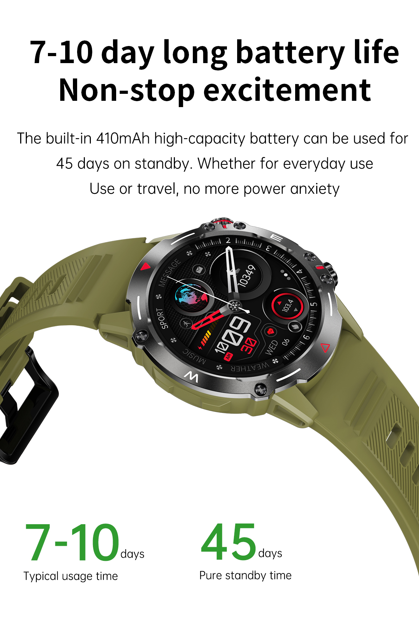 The smartwatch displayed with a text overlay mentioning 7-10 days of battery life, aimed at active users who require durable wearables.