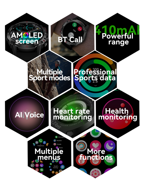 Collage of smartwatch features including AMOLED screen, Bluetooth call, AI voice, heart rate monitoring, and various sports and health functions.