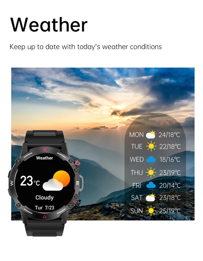 A smartwatch screen showing the weather forecast with a scenic sunrise in the background, promoting its weather update feature.