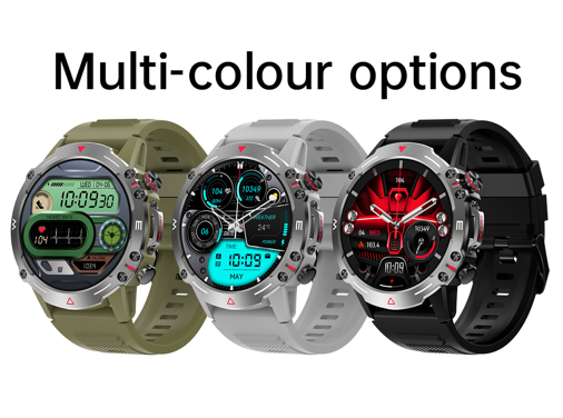 Trio of smartwatches showcasing multi-color options, with green, white, and black straps, highlighting the variety available.