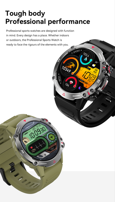 Two rugged smartwatches demonstrating professional performance with a focus on their tough body construction suitable for outdoor sports.