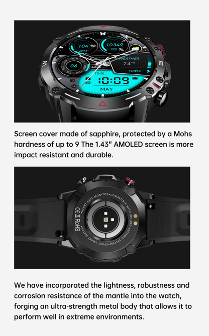 Sapphire screen-covered smartwatch highlighting its durability with a Mohs hardness of 9, portrayed against a dark, sleek background.