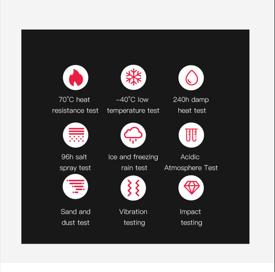 Infographic showcasing a smartwatch's extreme durability tests, including heat resistance, low temperature, damp, salt spray, and impact tests.