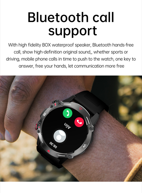 Hand wearing a smartwatch with Bluetooth call support, emphasizing hands-free communication for active lifestyles.