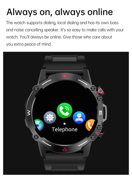 Smartwatch interface with call, messaging, and app icons indicating its always-online connectivity for peace of mind.