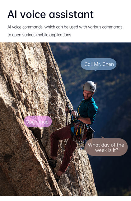 A mountain climber wearing a smartwatch using AI voice assistant, depicting the convenience of hands-free control during activities.