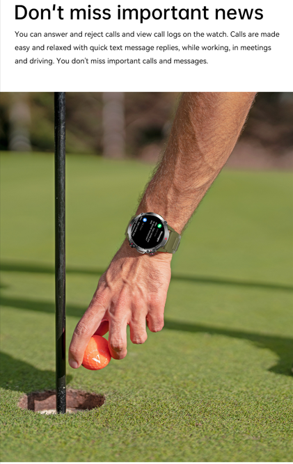 Golfer checking a smartwatch that provides instant call and message notifications, illustrating the device’s practicality during sports.
