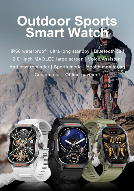 Mountaineer cycling on a rocky terrain wearing Outdoor Sports Smartwatch, displaying IP68 waterproof rating and health monitoring features.