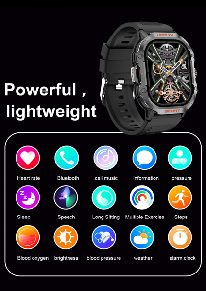 Black Outdoor Sports Smartwatch showcasing its lightweight design and icons for health and exercise features, including heart rate and sleep monitoring.