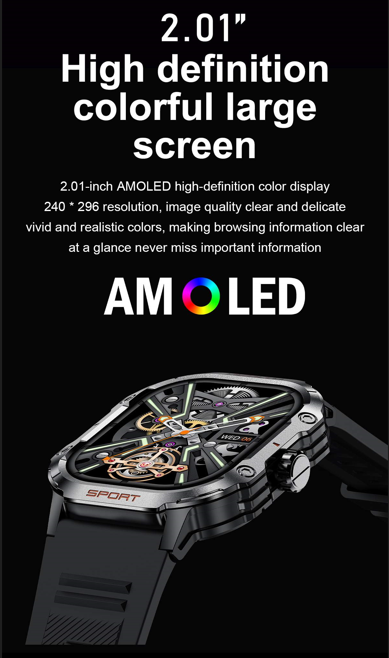 Close-up of the Outdoor Sports Smartwatch's 2.01-inch AMOLED high-definition colorful screen with intricate watch face details.
