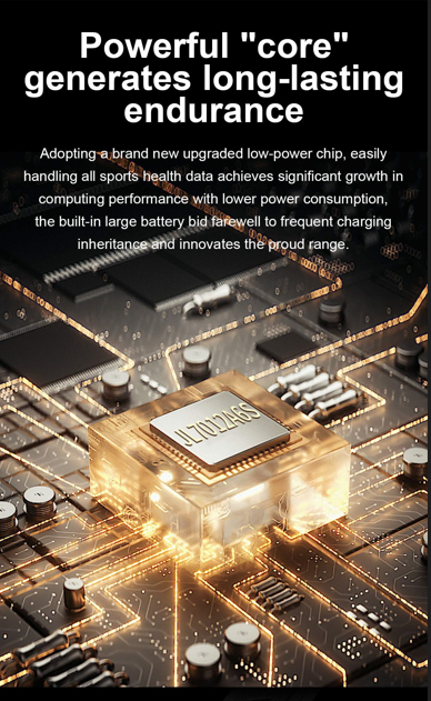 Internal view of a smartwatch's low-power chipset highlighting its long-lasting battery life and power efficiency for sports health data management.
