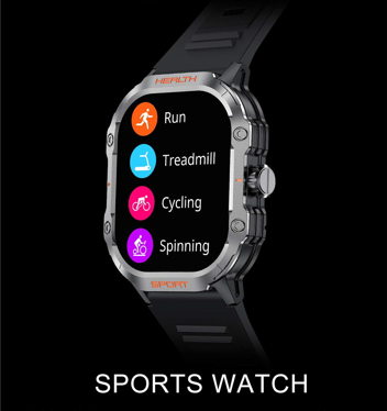 Outdoor Sports Smartwatch with screen display showing various fitness modes like running, cycling, and spinning on a silver strap.