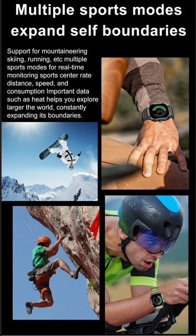 Adventurous activities depicted on wrists wearing the Outdoor Sports Smartwatch, emphasizing its multi-sport mode and health data tracking.