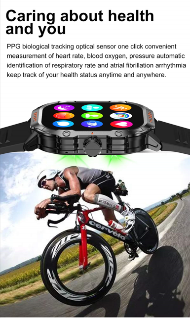 Outdoor Sports Smartwatch's PPG sensor displayed alongside a cyclist, offering health tracking including heart rate and atrial fibrillation detection.