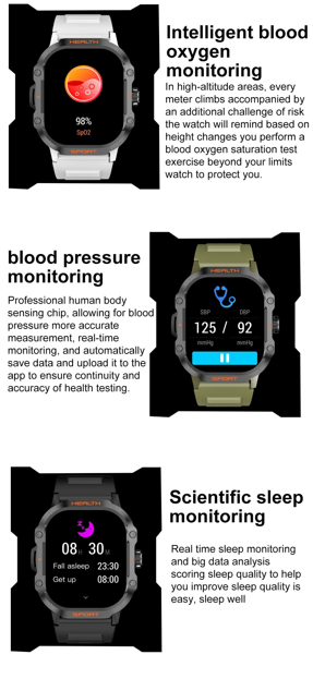 Image collage showing the Outdoor Sports Smartwatch's features like intelligent blood oxygen monitoring, blood pressure, and scientific sleep tracking.