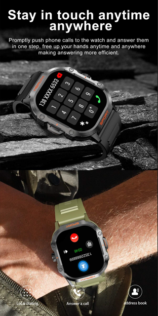 Outdoor Sports Smartwatch on a wrist, illustrating the call answering interface, promoting its feature to stay in touch anytime, anywhere.