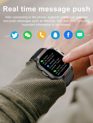 Hand wearing an Outdoor Sports Smartwatch while receiving various message notifications, emphasizing real-time connectivity.