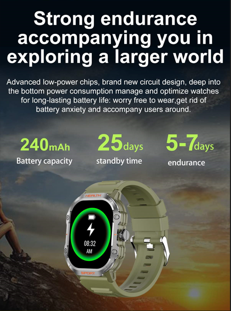 Outdoor Sports Smartwatch with strong battery life highlighted against a backdrop of a sunrise and mountains, emphasizing the watch's long endurance.