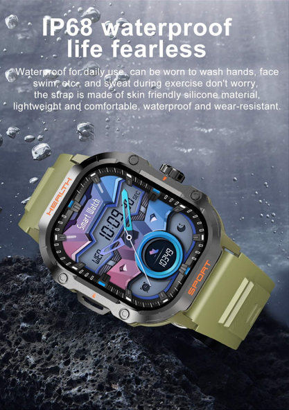 Water-resistant Outdoor Sports Smartwatch shown with splashes of water, underlining its IP68 waterproof feature for fearless everyday use.