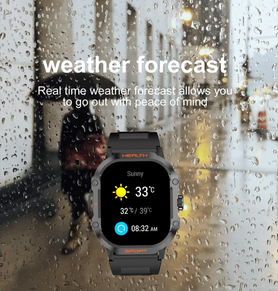 Smartwatch displaying the weather forecast on the screen, with a rainy window in the background, promoting its real-time weather update feature.