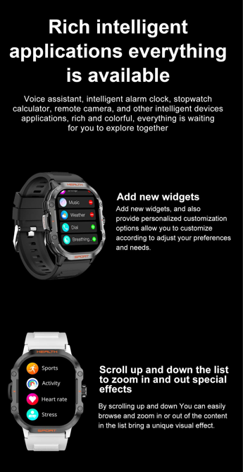 The display of the Outdoor Sports Smartwatch showing a selection of intelligent applications and widgets for personalization and convenience.