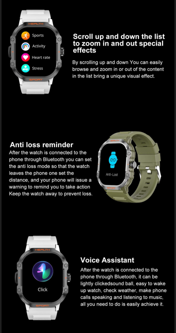 The smartwatch interface featuring an anti-loss reminder and voice assistant, with the watch displayed on a wrist and in a close-up view.