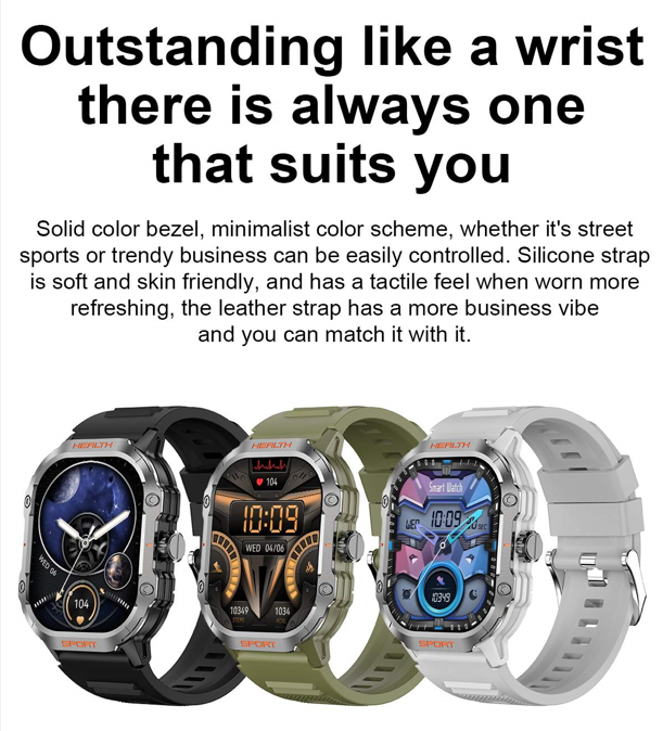 A lineup of the Outdoor Sports Smartwatch in different strap colors, showing versatility for sports or business occasions and skin-friendly materials.
