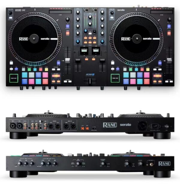 Front and rear view of Rane One DJ Controller showcasing extensive connectivity options.